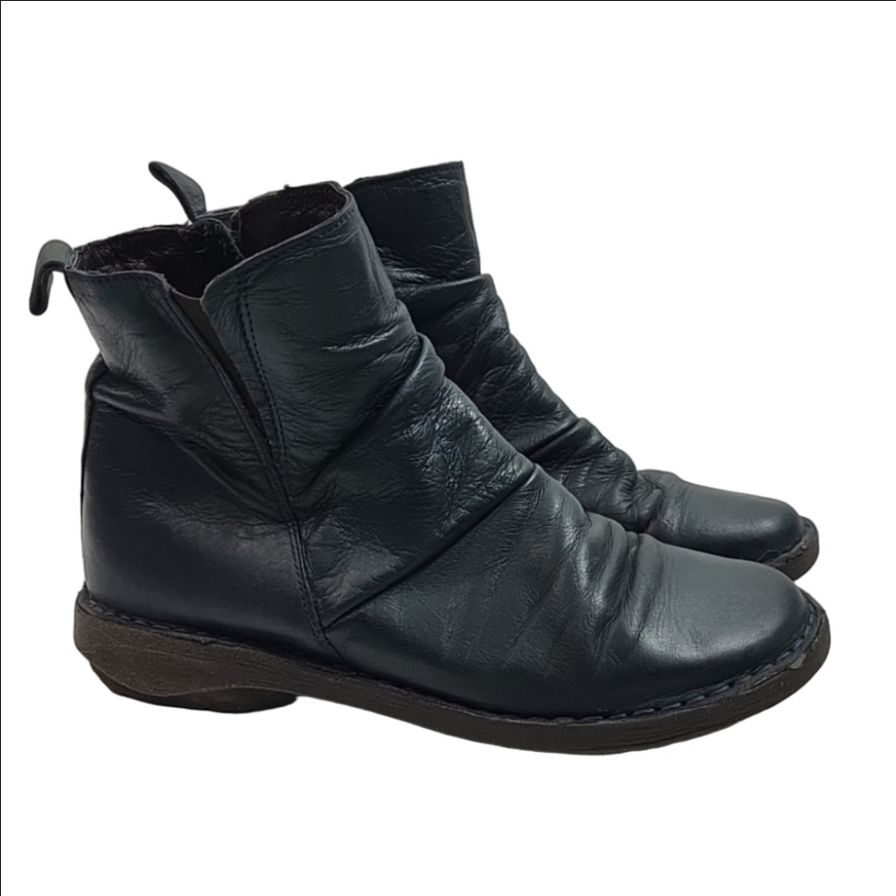Miz Mooz Preston Teal Ruched Leather Ankle Boots EU 37 US 6-6.5 Side Zip